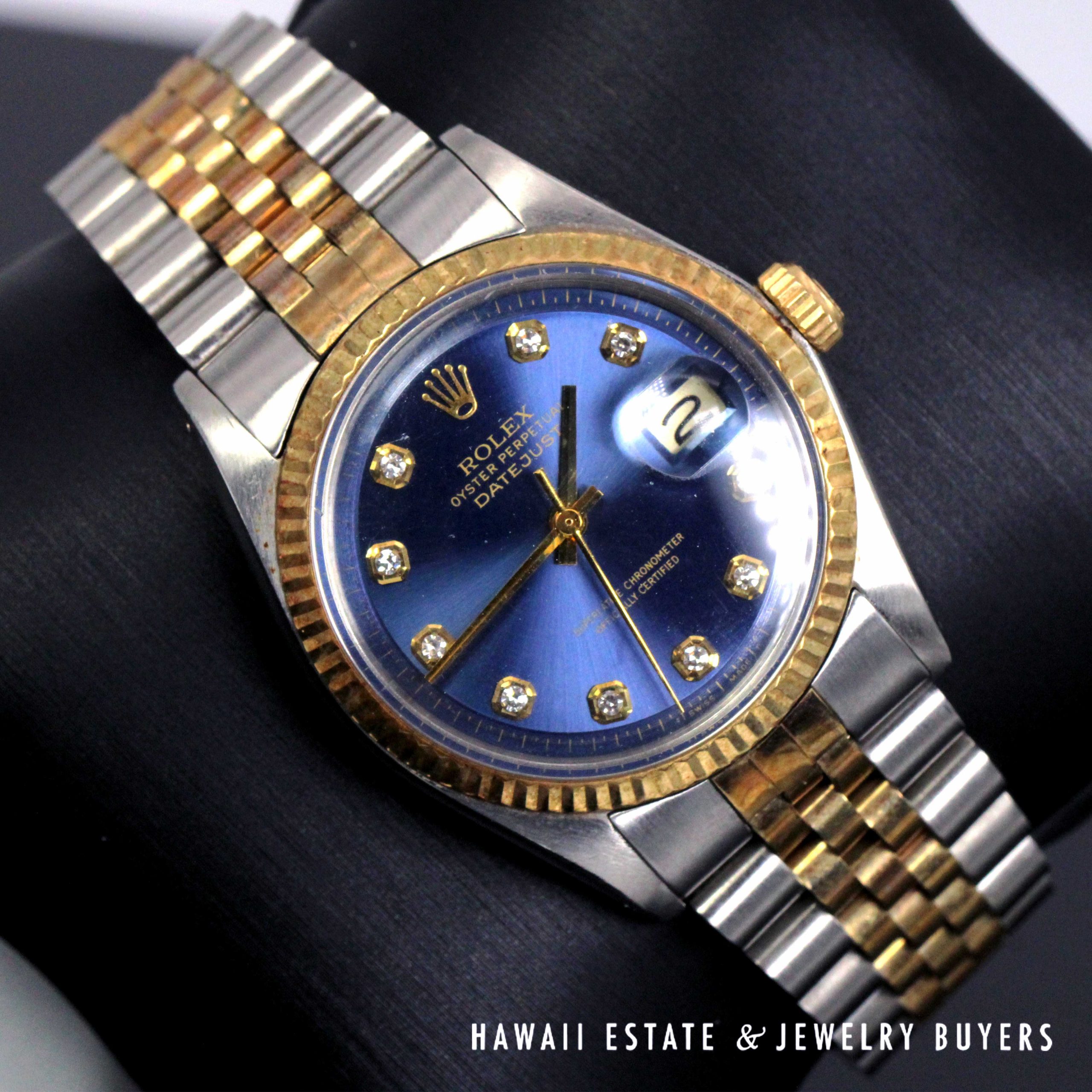 Rolex 36mm 2Tone Datejust Blue Diamond Dial Jubilee Band Watch REF 1601 Circa 1972