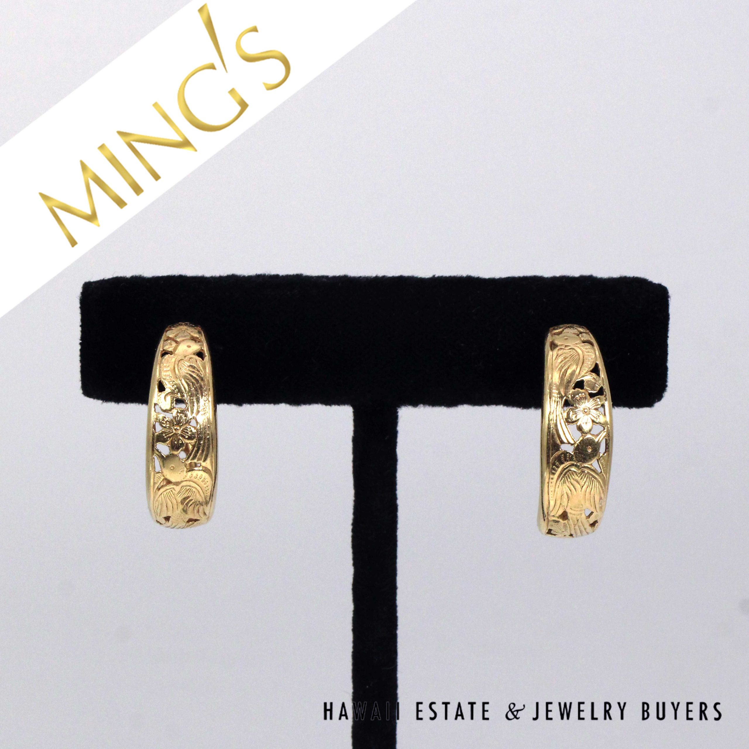 Ming's Hawaii 24mm Bird in Plum 14K Yellow Gold Open Hoop Earrings