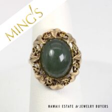 Ming's Hawaii Green Jade Cabochon 14K Yellow Gold Ring Size 5.75
