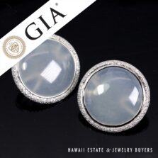 GIA Ice Jade and Diamond 18K White Gold Pierced Earrings with Omega Clips