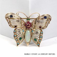 Vintage Multi-gem Butterfly 14K Yellow Gold Brooch 35x50mm