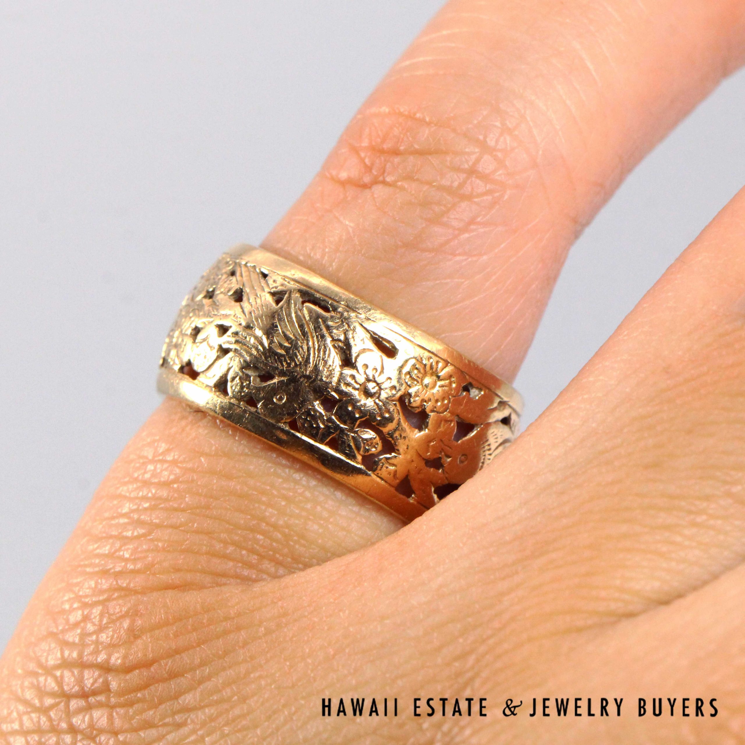 Ming's Hawaii Bird in Plum 14K Yellow Gold 10mm Band Size 6.75 - Image 6