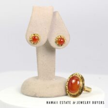Honey Jade 14K Yellow Gold Ring and Earring Set Size 6.5