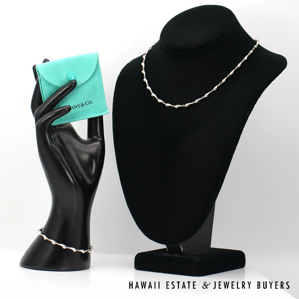 Tiffany & Co Elsa Peretti Silver Teardrop Necklace/Bracelet Set w/ Bag - Image 2
