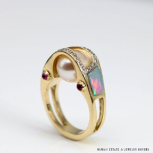 Oval Cultured Pearl Black Opal Diamond & Ruby 18K Yellow Gold Ring Size 8.5