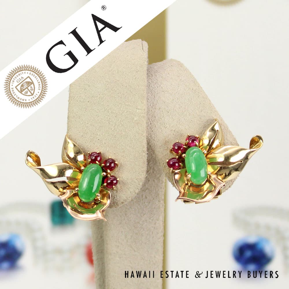 GIA Grade A Jade & Untreated Burmese Ruby 14K Yellow Gold Clip on Earrings - Image 2