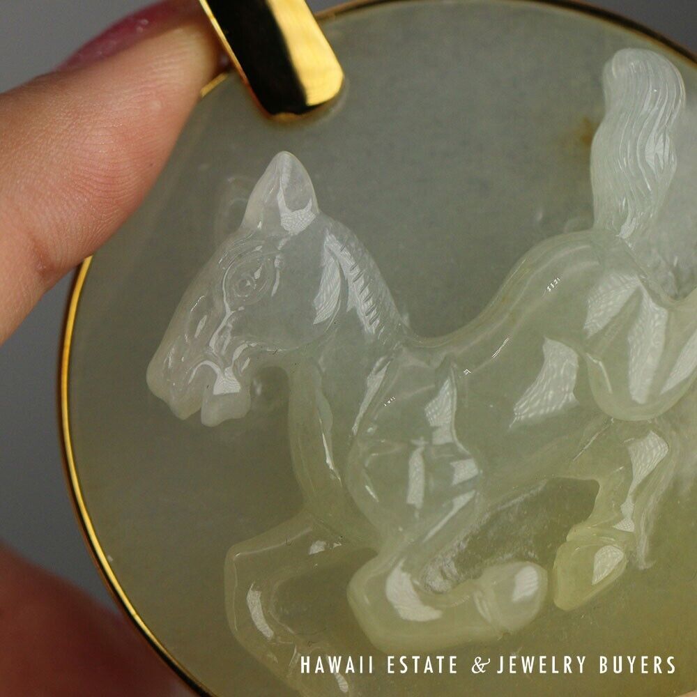 GIA Natural Jadeite Jade 18k Yellow Gold Horse Circle Large Pendant - Image 7