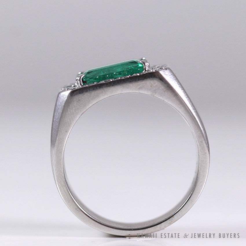 Octagonal Emerald & Diamond Halo 18K White Gold Men's Ring Size 10.5 - Image 2