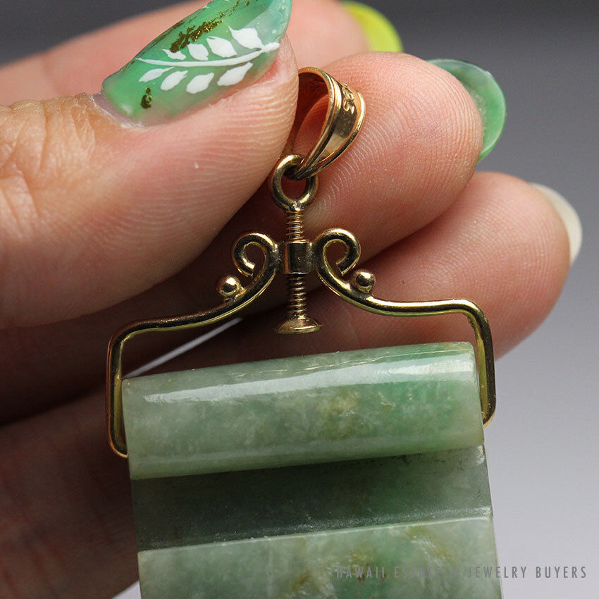 Carved Mottled Green Jade Belt Piece Pendant with Removable 14K Yellow Gold Bale - Image 7