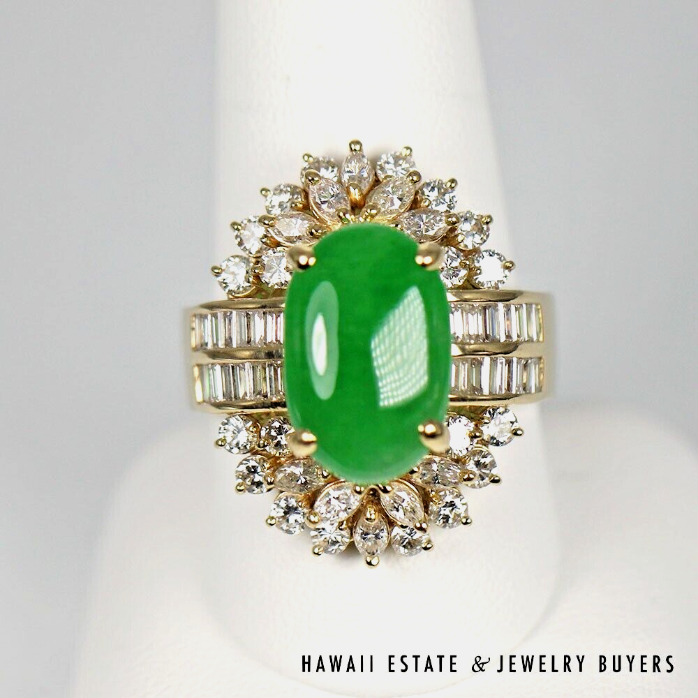 GIA Natural Imperial A Jadeite Jade Cab and 3.86ctw VS/GH Diamond 18K Ring