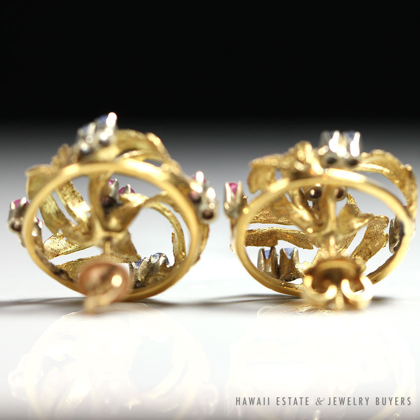 Vintage Natural Ruby & Sapphire Wreath 14K Yellow Gold Brooch & Earrings Set - Image 4