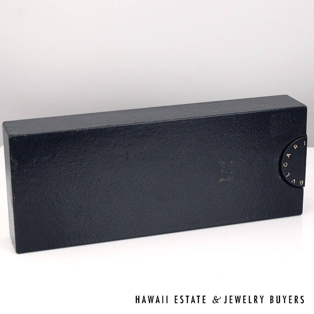 Closed dark Bvlgari watch box.