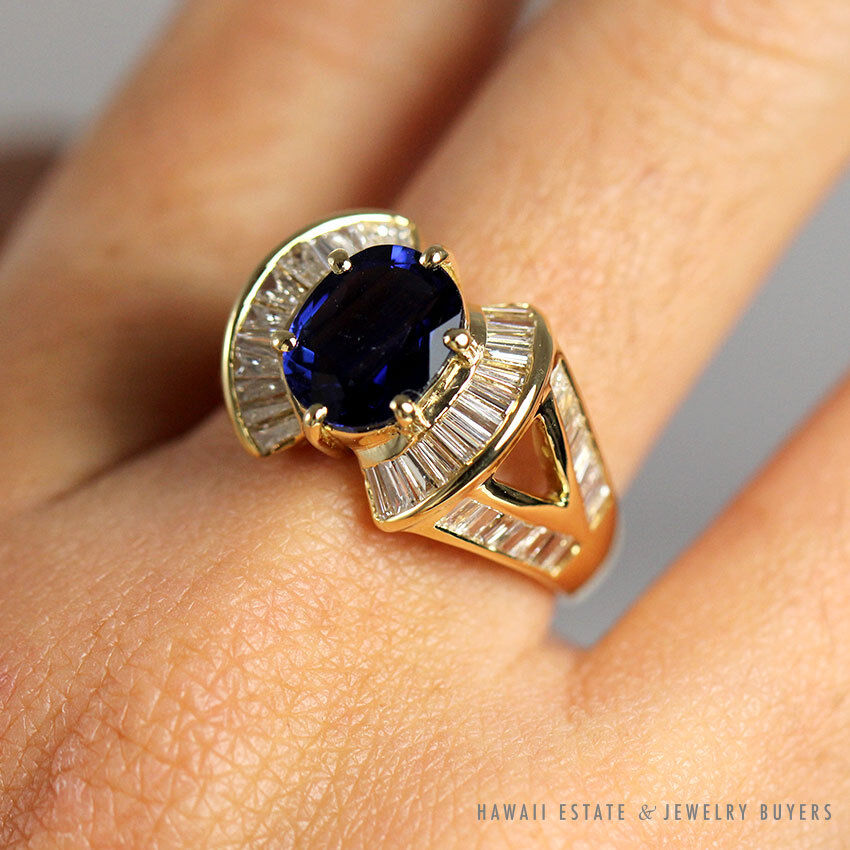 Le Vian Oval Blue Sapphire Baguette Diamond 18K Yellow Gold Ring Size 6.5 - Image 6