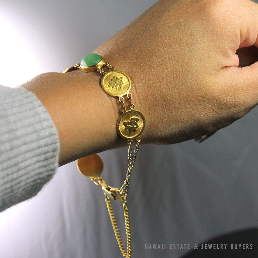 NATURAL GREEN JADEITE JADE CHINESE GOOD LUCK 22K YELLOW GOLD BRACELET - Image 6