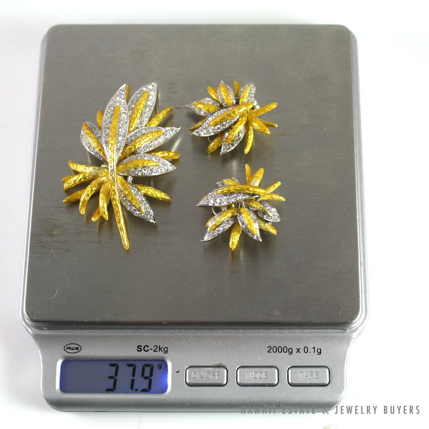 William Levine Diamond 18K Gold & Platinum Floral Enamel Pendant & Earrings Set - Image 9