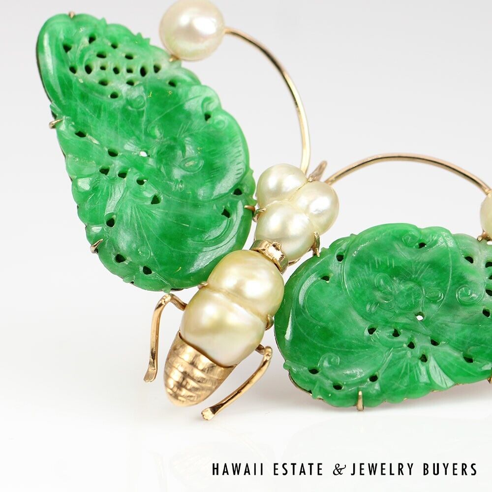 GIA Natural A Jadeite Jade Green Baroque Pearl Yellow Gold Butterfly Brooch Pin - Image 6