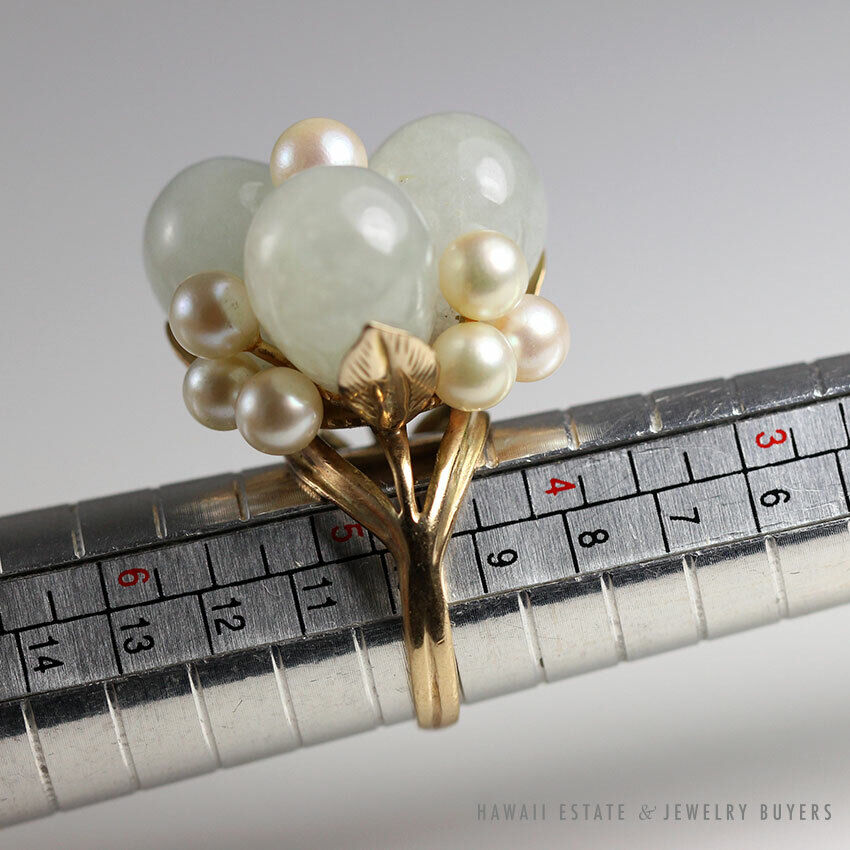 Pale Green Jade & Cultured Pearl 14K Yellow Gold Cluster Dome Ring Size 5 - Image 11