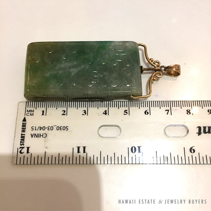 Carved Mottled Green Jade Belt Piece Pendant with Removable 14K Yellow Gold Bale - Image 12