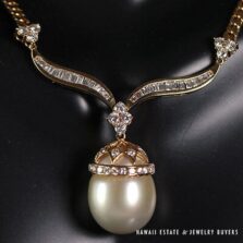 South Sea Golden Pearl & Diamond 18K Yellow Gold Pendant Necklace 17.5 Inch