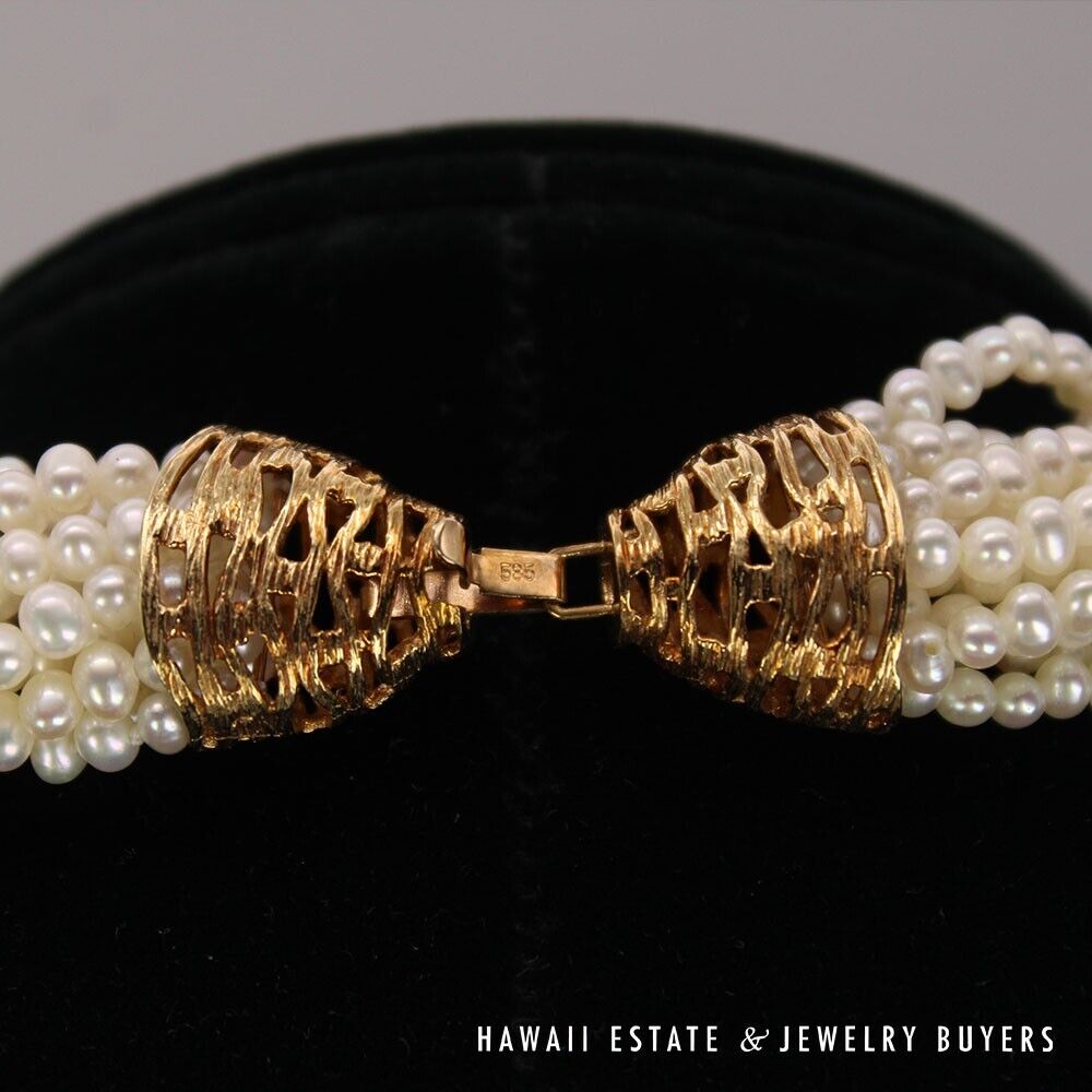 Multi-Strand Pearl Necklace & Bracelet Set 22 Inch with 14K Yellow Gold Clasps - Image 5
