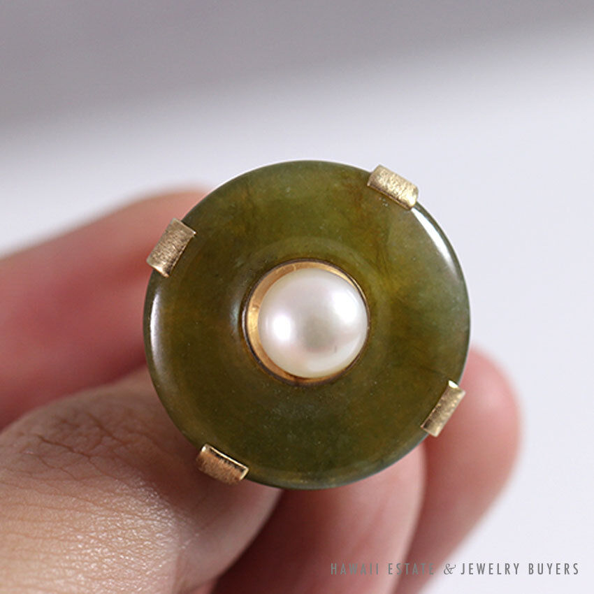 Ming's Hawaii Natural Green Jade Do-nut W/ Cultured Pearl 14K Yellow Gold Ring - Image 2