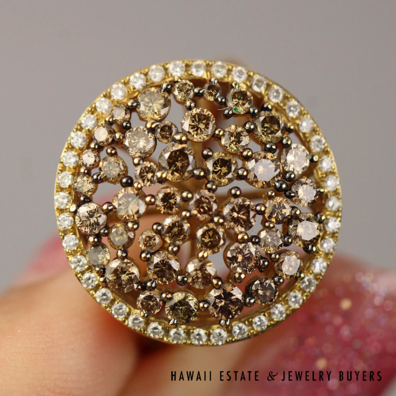Chocolate & White Diamond Cluster Ring 1.50 Carats in 18K Yellow Gold Size 6.5 - Image 9