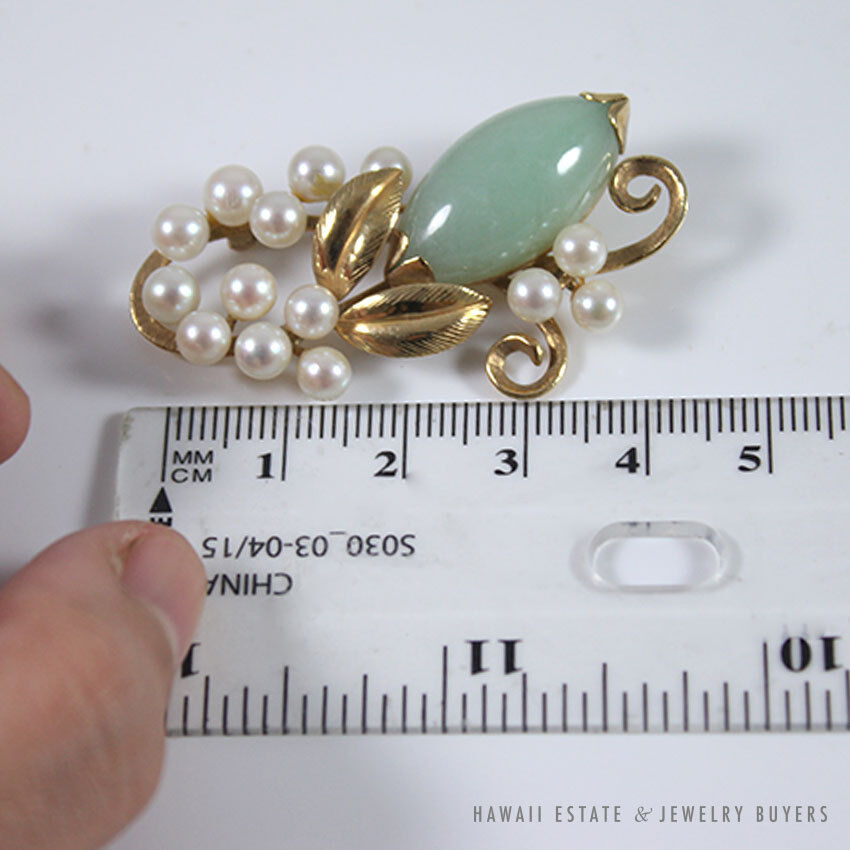 Ming's Hawaii Natural Green Jade & Cultured Pearl Floral Branch 14K Yellow Gold Brooch - Image 10