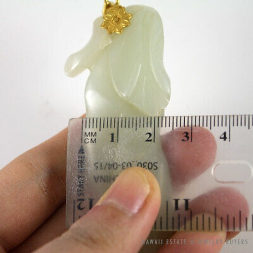 Chinese Carved Pale Green Jade Leaf & Fruit Pendant with Yellow Gold Floral Bail - Image 10