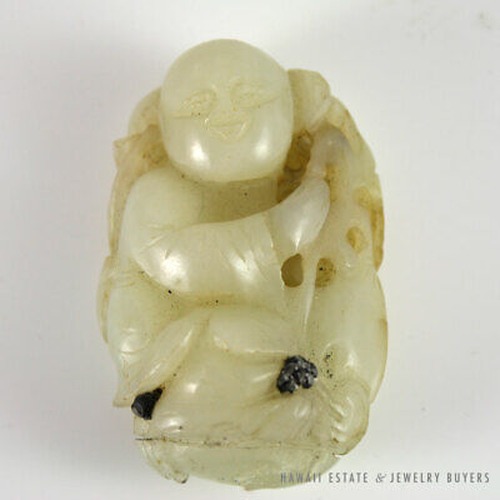 Chinese Carved Pale Mutton Fat Jade Seated Male Figure Statue Carving - Image 5