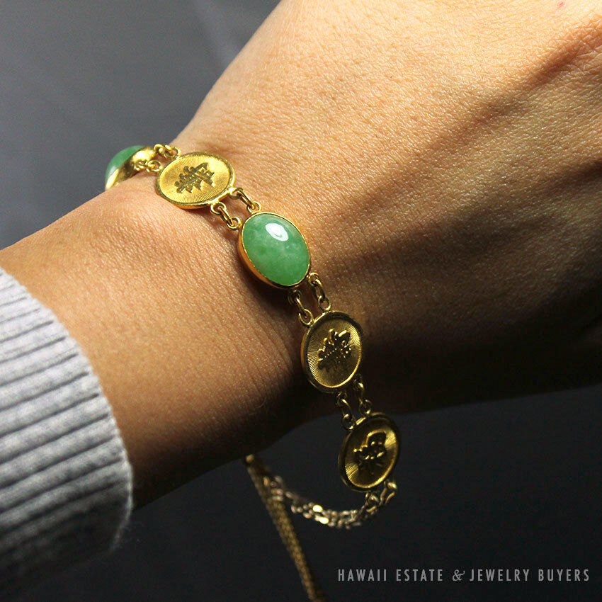 NATURAL GREEN JADEITE JADE CHINESE GOOD LUCK 22K YELLOW GOLD BRACELET - Image 7
