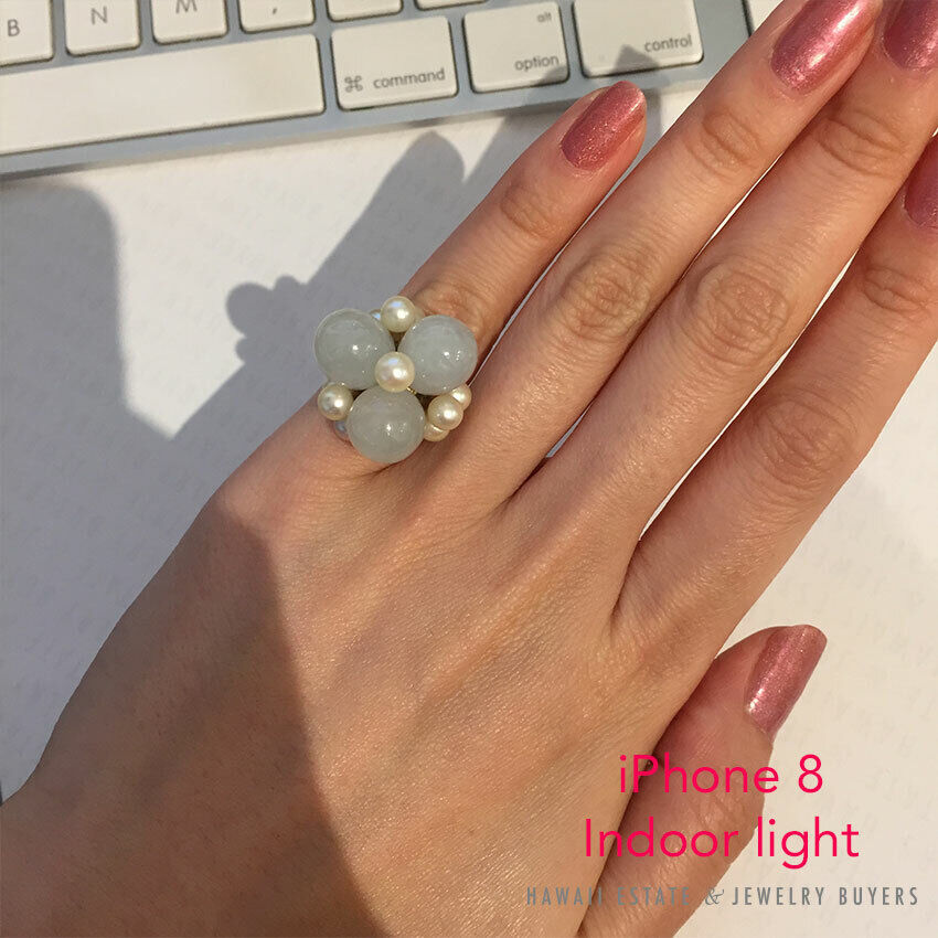 Pale Green Jade & Cultured Pearl 14K Yellow Gold Cluster Dome Ring Size 5 - Image 4