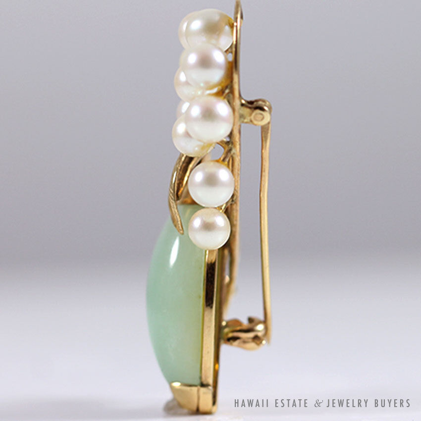 Ming's Hawaii Natural Green Jade & Cultured Pearl Floral Branch 14K Yellow Gold Brooch - Image 3