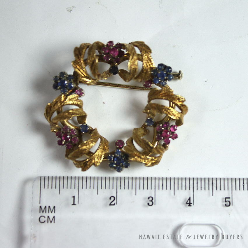Vintage Natural Ruby & Sapphire Wreath 14K Yellow Gold Brooch & Earrings Set - Image 9