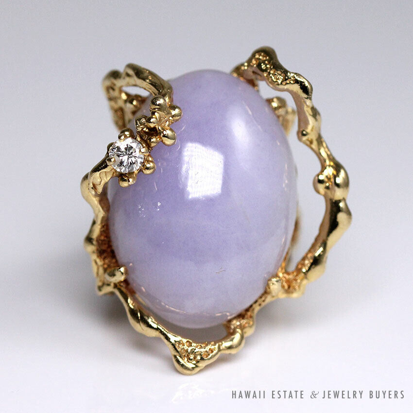 Lavender Jade Cabochon & Diamond 14K Yellow Gold Free Form Branch Ring Size 5 - Image 3