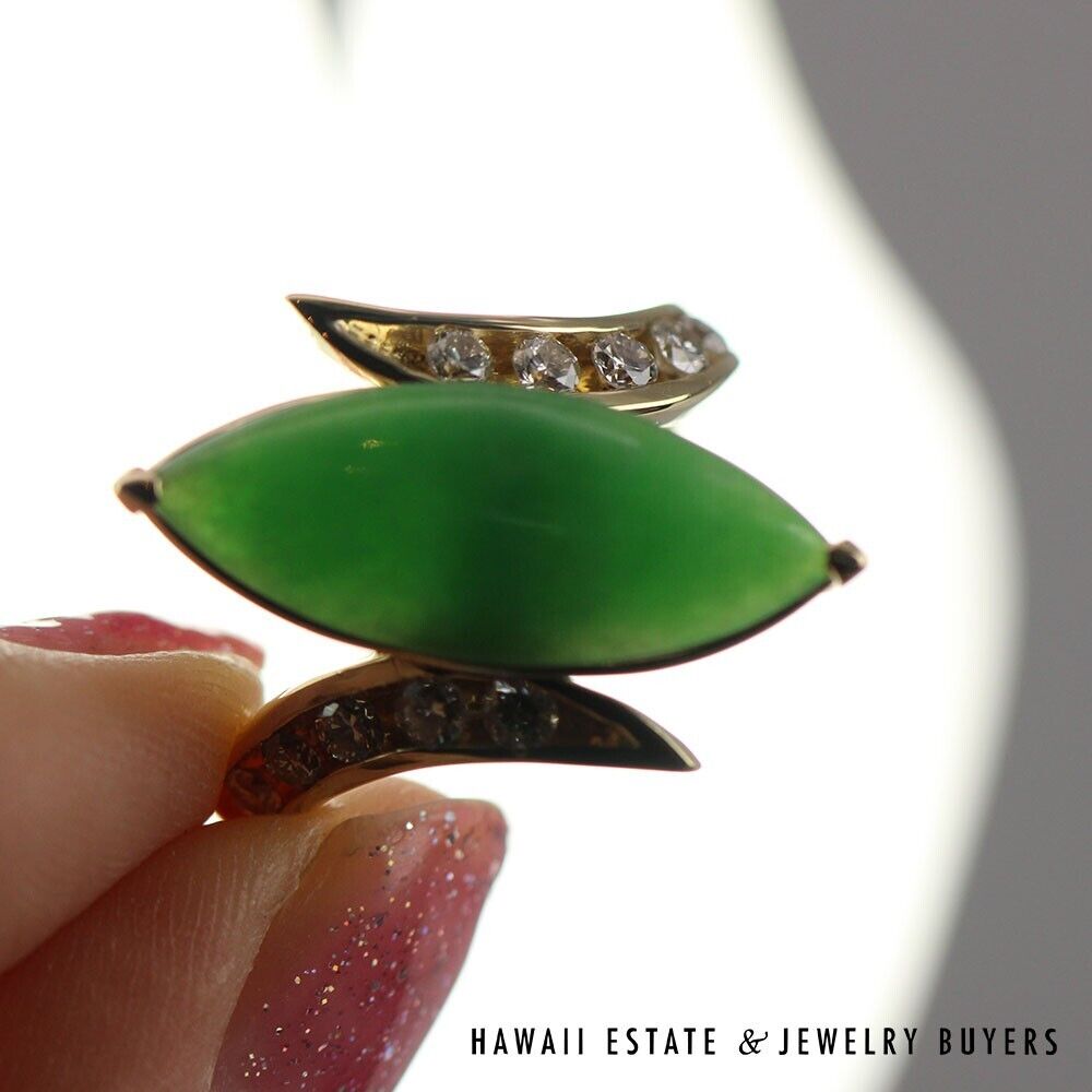 GIA Grade A Jadeite Jade Green Marquise 0.45CTW Diamond 14K Yellow Gold Ring - Image 4