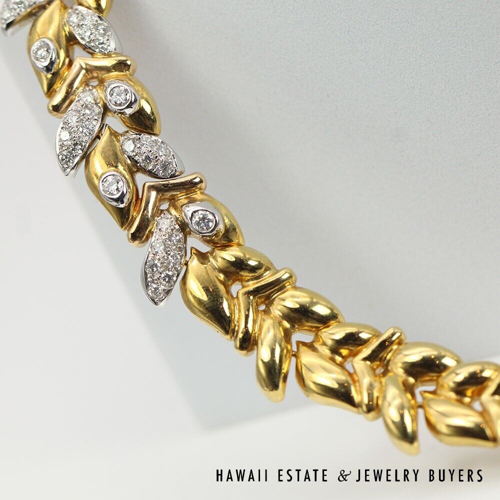 Diamond Pave Laurel Leaf 18K 20K Yellow Gold Necklace & Earrings Set - Image 9