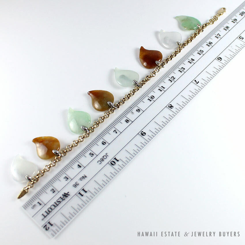 Carved Multi-Color Jade Leaf Charm 14K Yellow Gold Bracelet 7.5 Inch - Image 9