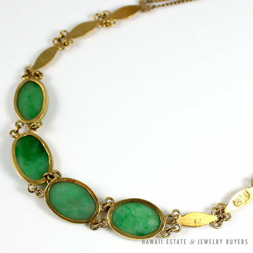 Vintage Natural Apple Green Jade Cabochon 14K 22K Yellow Gold Necklace w/ Paper - Image 8