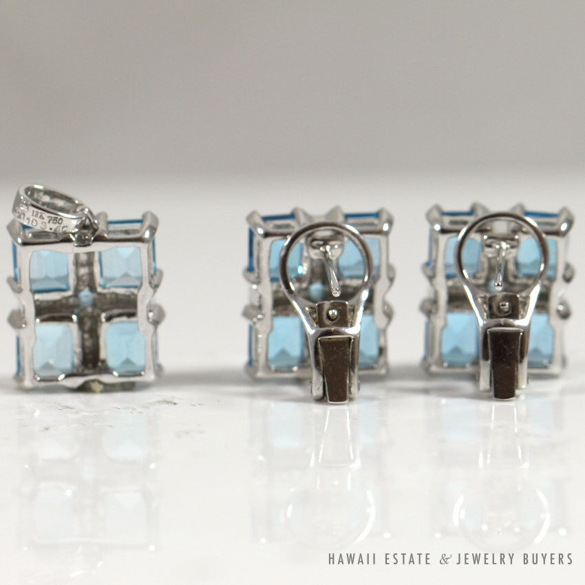 Effy Sky Blue Rectangular Topaz & Diamond 18K White Gold Earrings & Pendant Set - Image 3