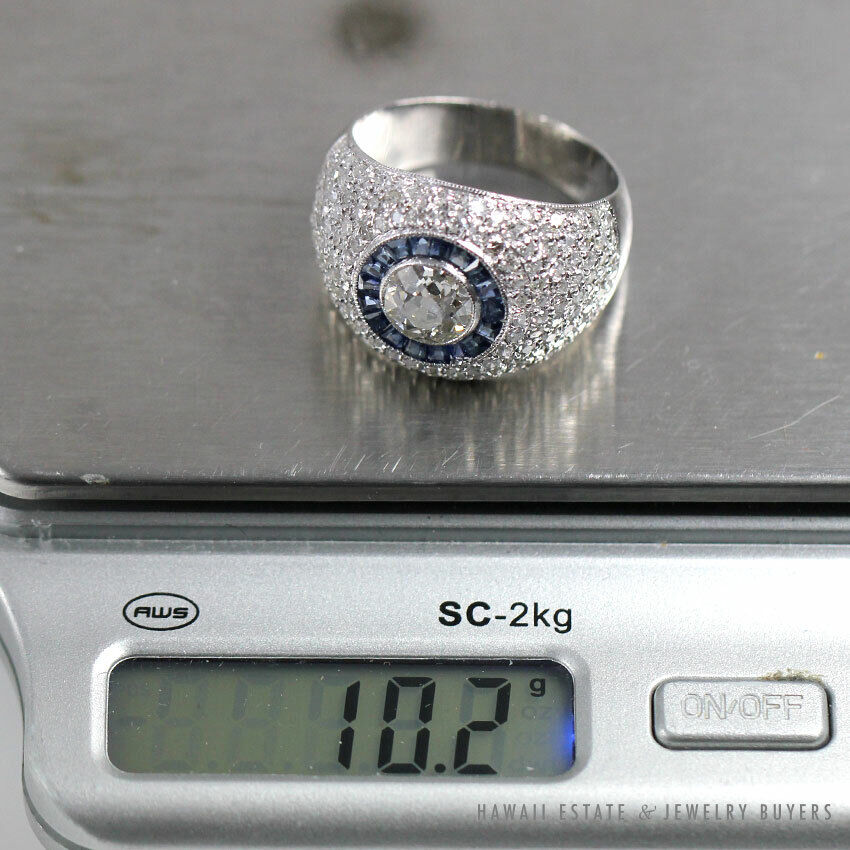 Estate 0.98ct European Diamond w/ Natural Sapphires & 1.50ctw Diamonds Setting Platinum Ring - Image 10
