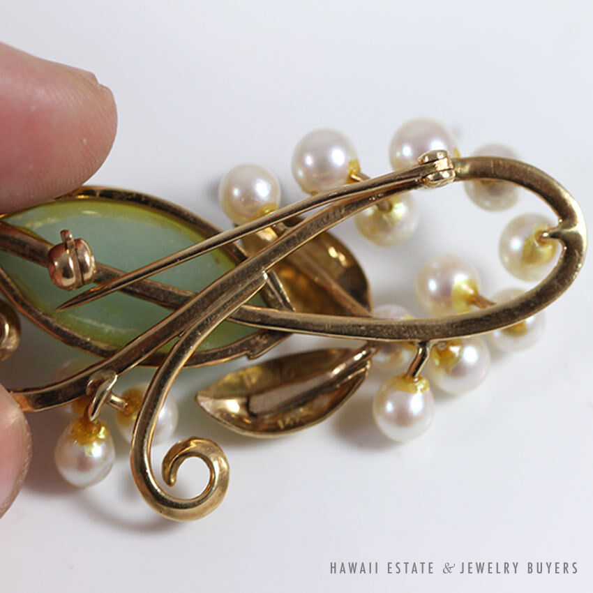 Ming's Hawaii Natural Green Jade & Cultured Pearl Floral Branch 14K Yellow Gold Brooch - Image 8