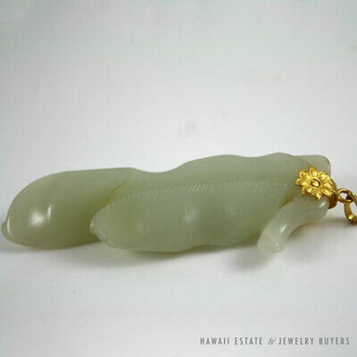 Chinese Carved Pale Green Jade Leaf & Fruit Pendant with Yellow Gold Floral Bail - Image 2