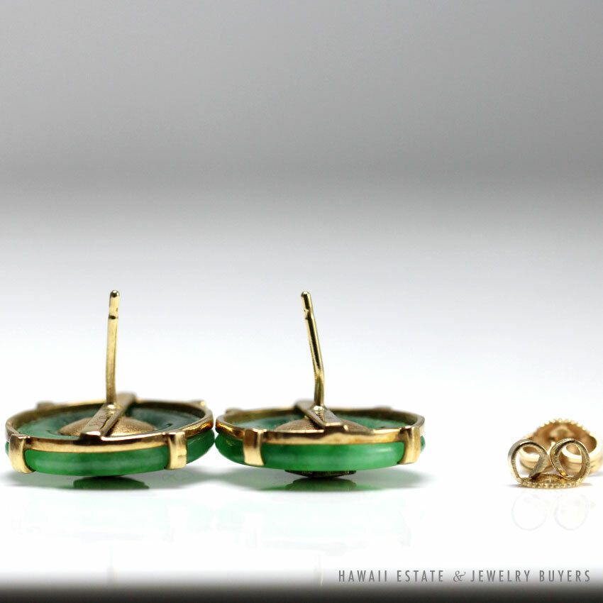 MING'S HAWAII GIA CERTIFIED NATURAL JADE DONUT 14K YELLOW GOLD CHINESE EARRINGS - Image 8