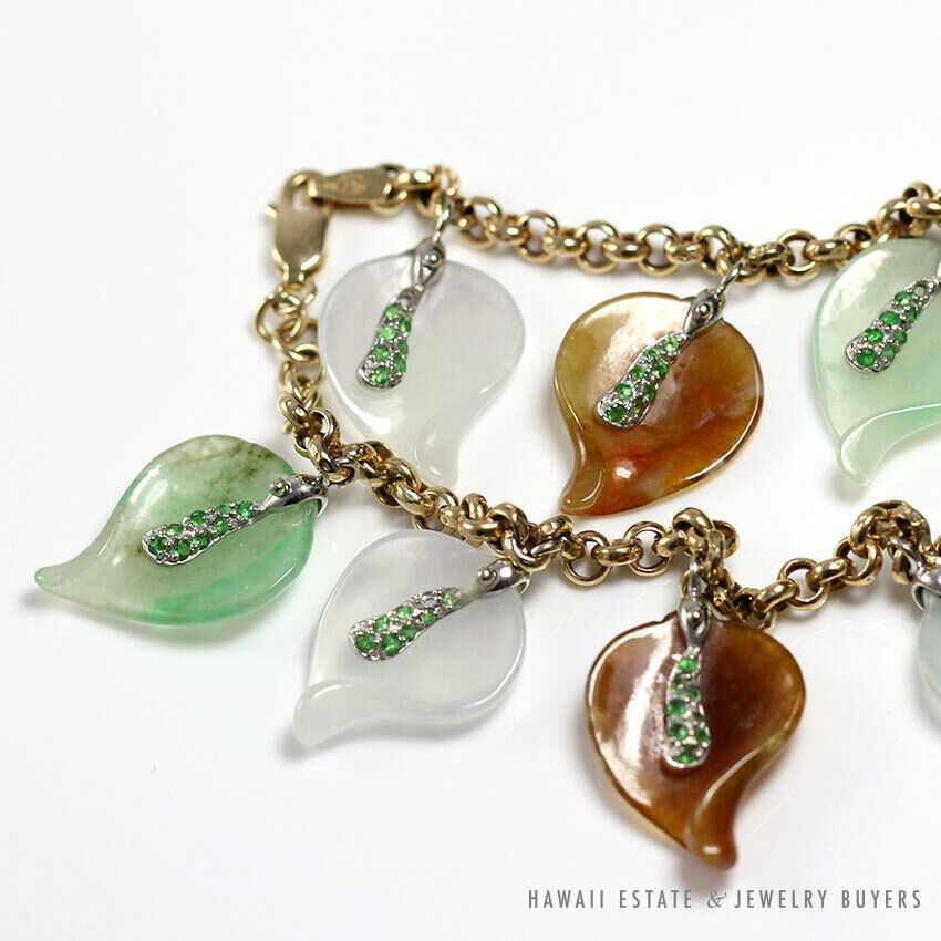Carved Multi-Color Jade Leaf Charm 14K Yellow Gold Bracelet 7.5 Inch - Image 4