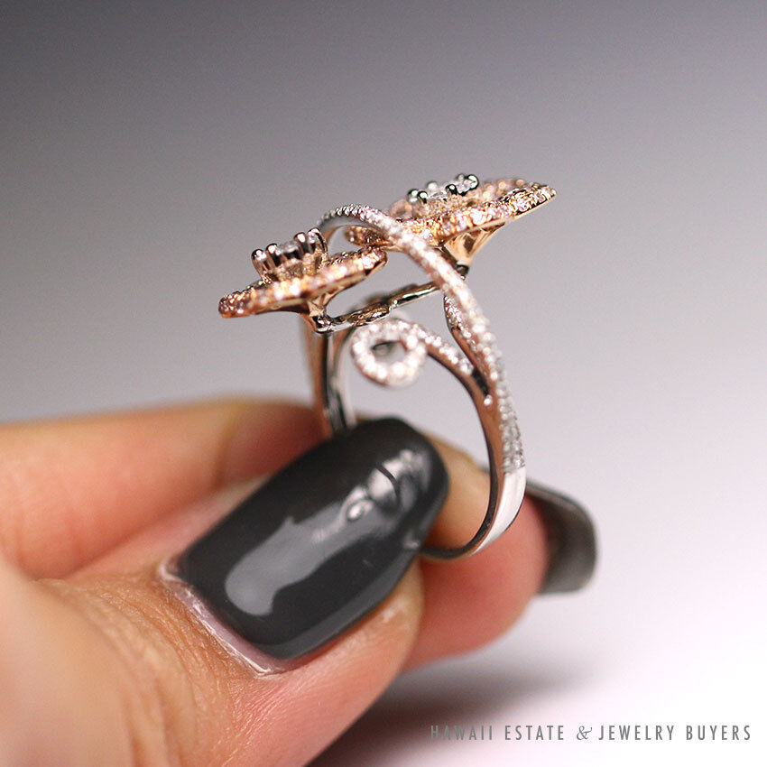 Diamond Pave Two-Tone 18K Rose & White Gold Floral Vine Ring Size 4.75 - Image 4