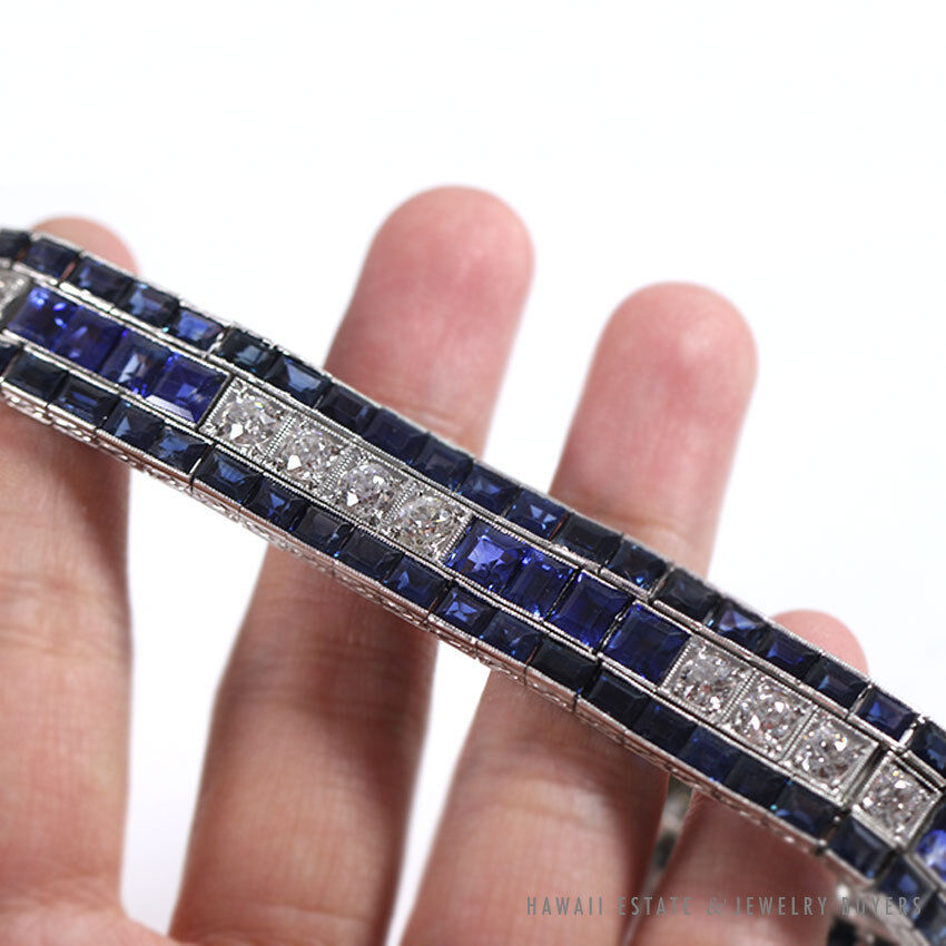 Art Deco Natural Sapphire & Old European Cut Diamond Platinum Bracelet 6.75 Inch - Image 7