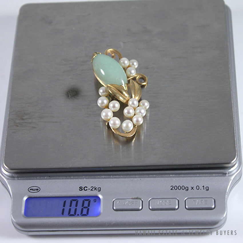 Ming's Hawaii Natural Green Jade & Cultured Pearl Floral Branch 14K Yellow Gold Brooch - Image 11