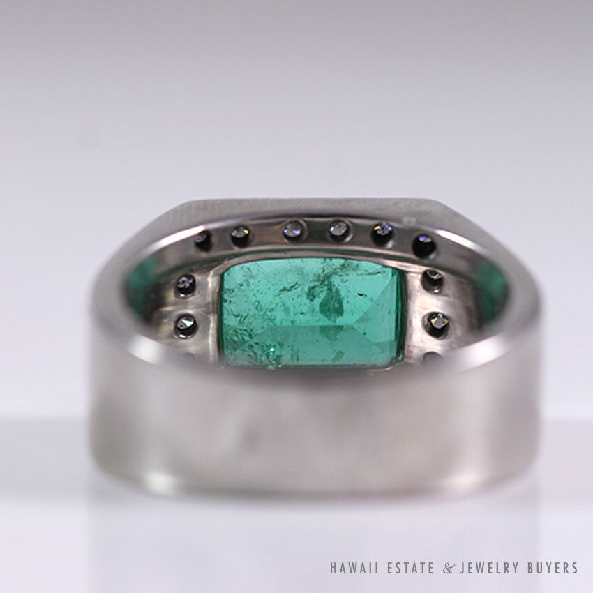 Octagonal Emerald & Diamond Halo 18K White Gold Men's Ring Size 10.5 - Image 5