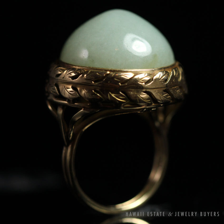Ming's Hawaii Pale Green Jade Cabochon 14K Yellow Gold Bezel Dome Ring Size 5.5 - Image 7