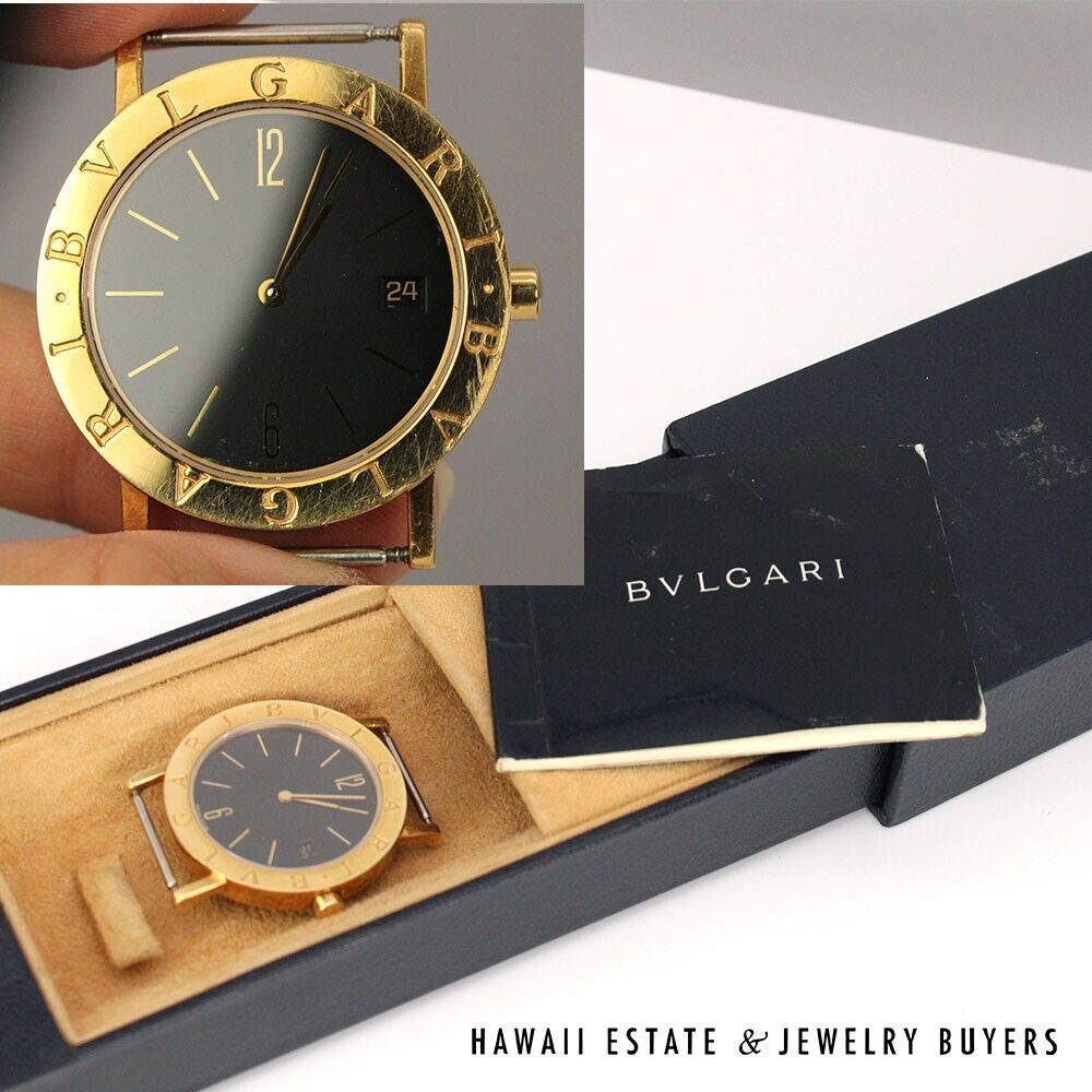 Bvlgari watch body with its open box and booklet, alongside a close-up of the dial.